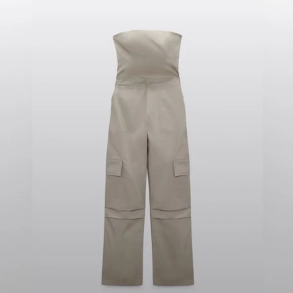 Zara NWT beige cargo long strapless jumpsuit - Picture 7 of 7